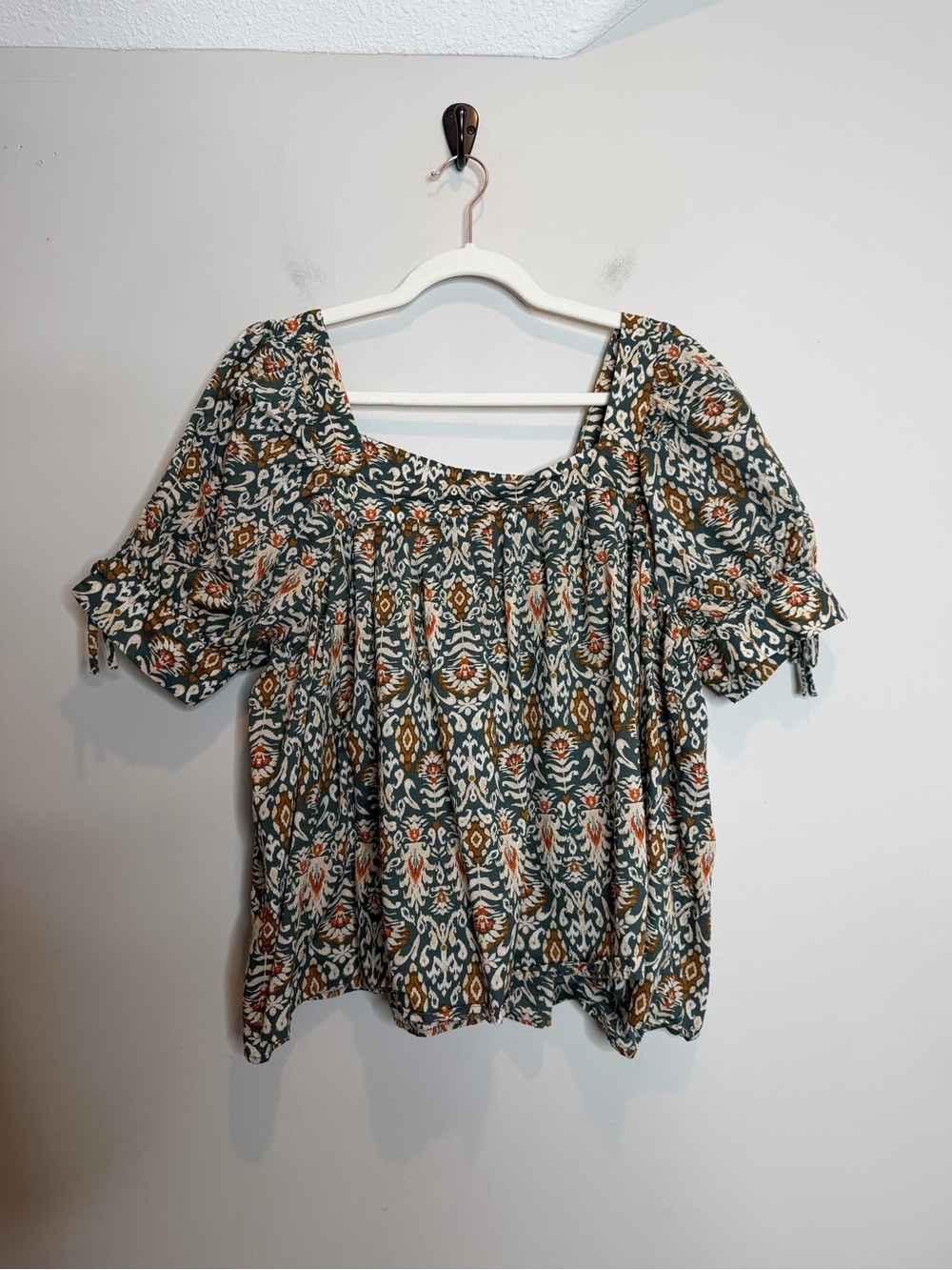 DR2 Boho Peasant Blouse Womens Large Green Floral Puff Sleeve Cotton Shirt